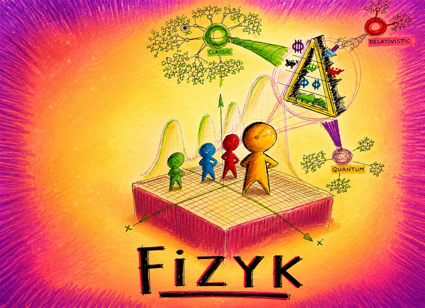 Rysunek: cztery postacie-hologramy na platformie obserwują sieci pojęć fizyki klasycznej, kwantowej i relatywistycznej — ilustracja kursu Manager Fizyki.