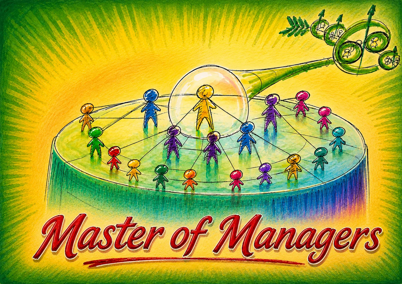 Rysunek: postacie-hologramy połączone siecią z napisem Master of Managers.