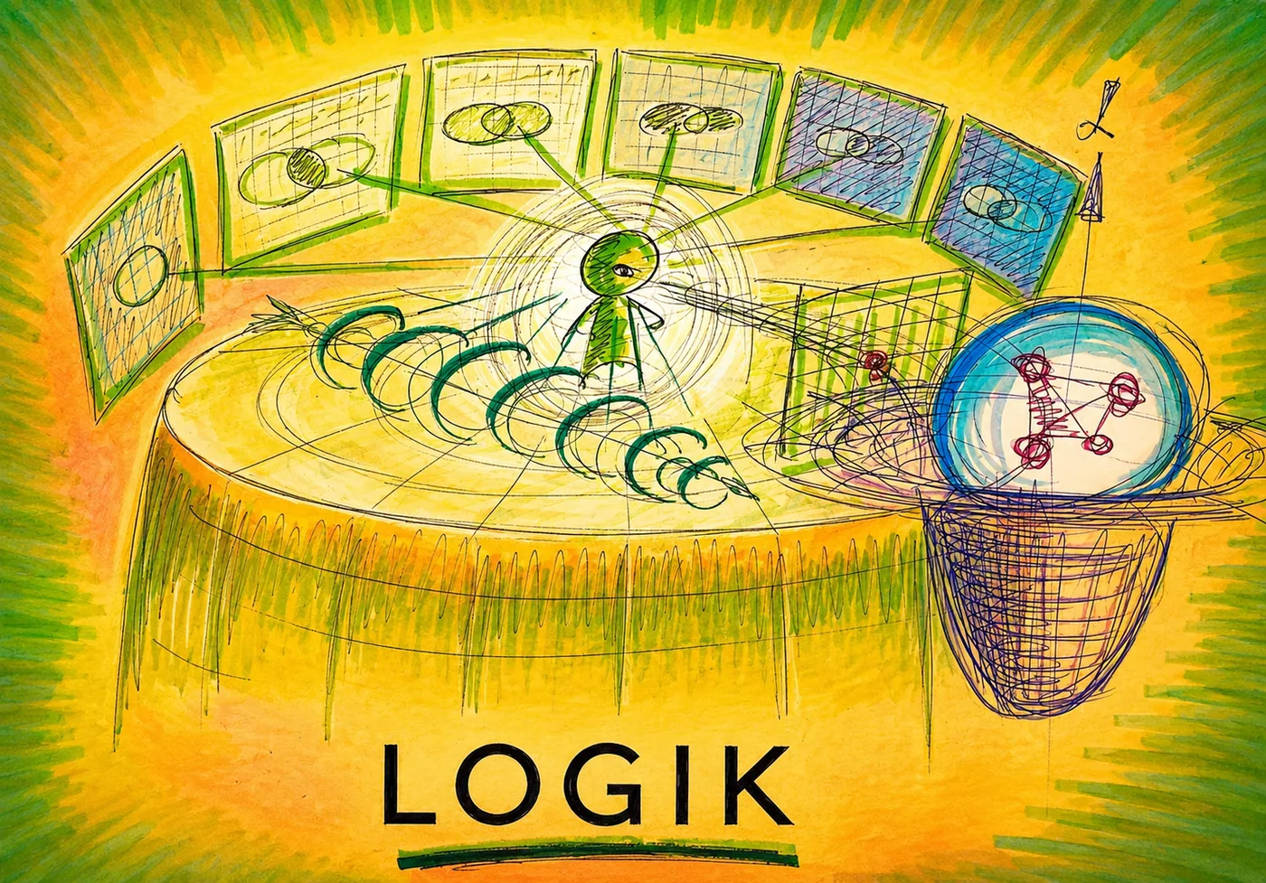 Rysunek: postać-hologram otoczona planszami z diagramami logicznymi i siecią wnioskowania — ilustracja kursu Manager Logiki.