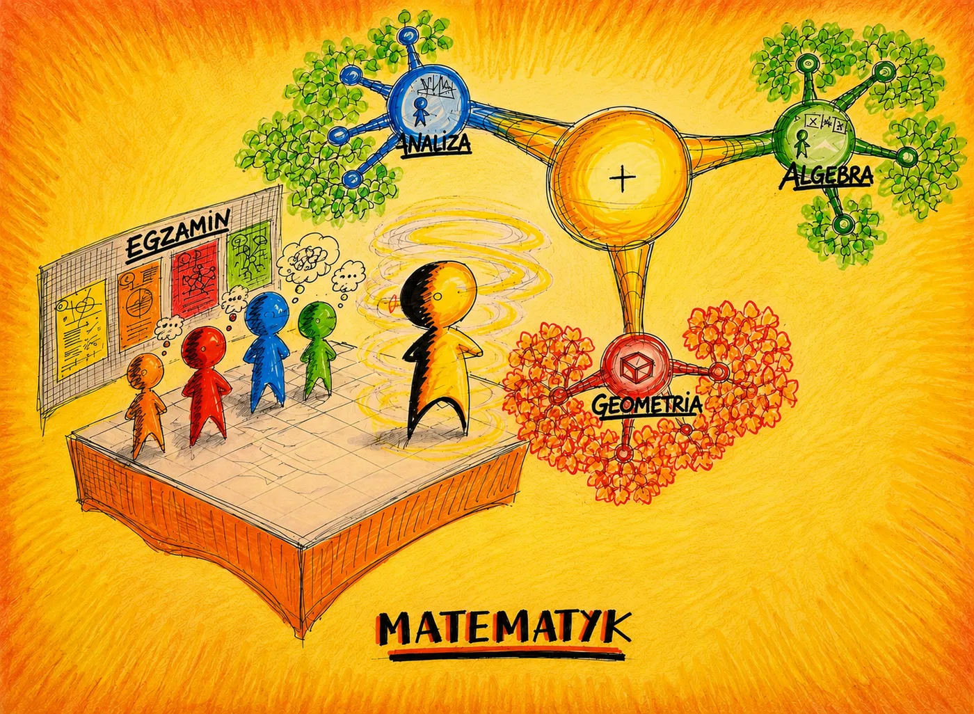 Rysunek: uczniowie na platformie z tablicą Egzamin patrzą na postać-hologram i sieć pojęć Analiza, Algebra, Geometria — ilustracja kursu Manager Matematyki.