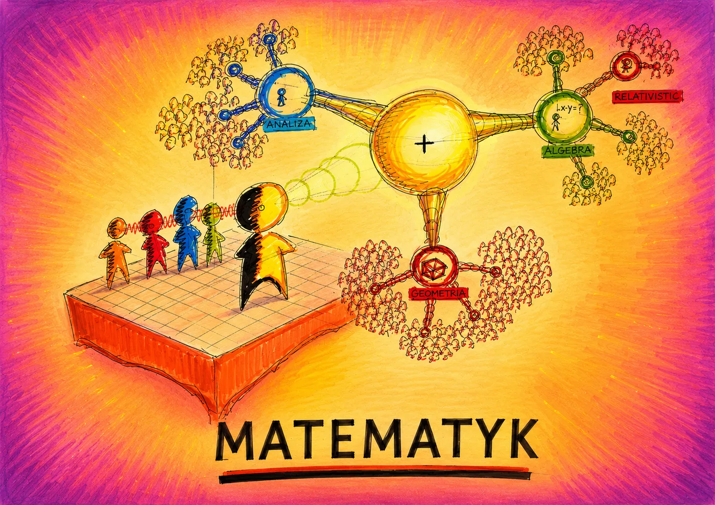 Rysunek: postać-hologram łączy analizę, algebrę i geometrię w jedną świecącą sieć pojęć — ilustracja kursu Manager Matematyki.